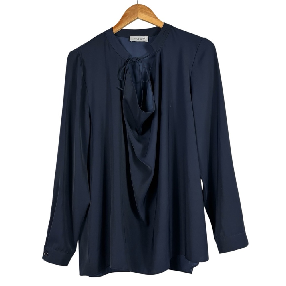 Lola & Sophie Women’s Size L Navy Blue Cowl Neck Long Sleeve Blouse Top Silky